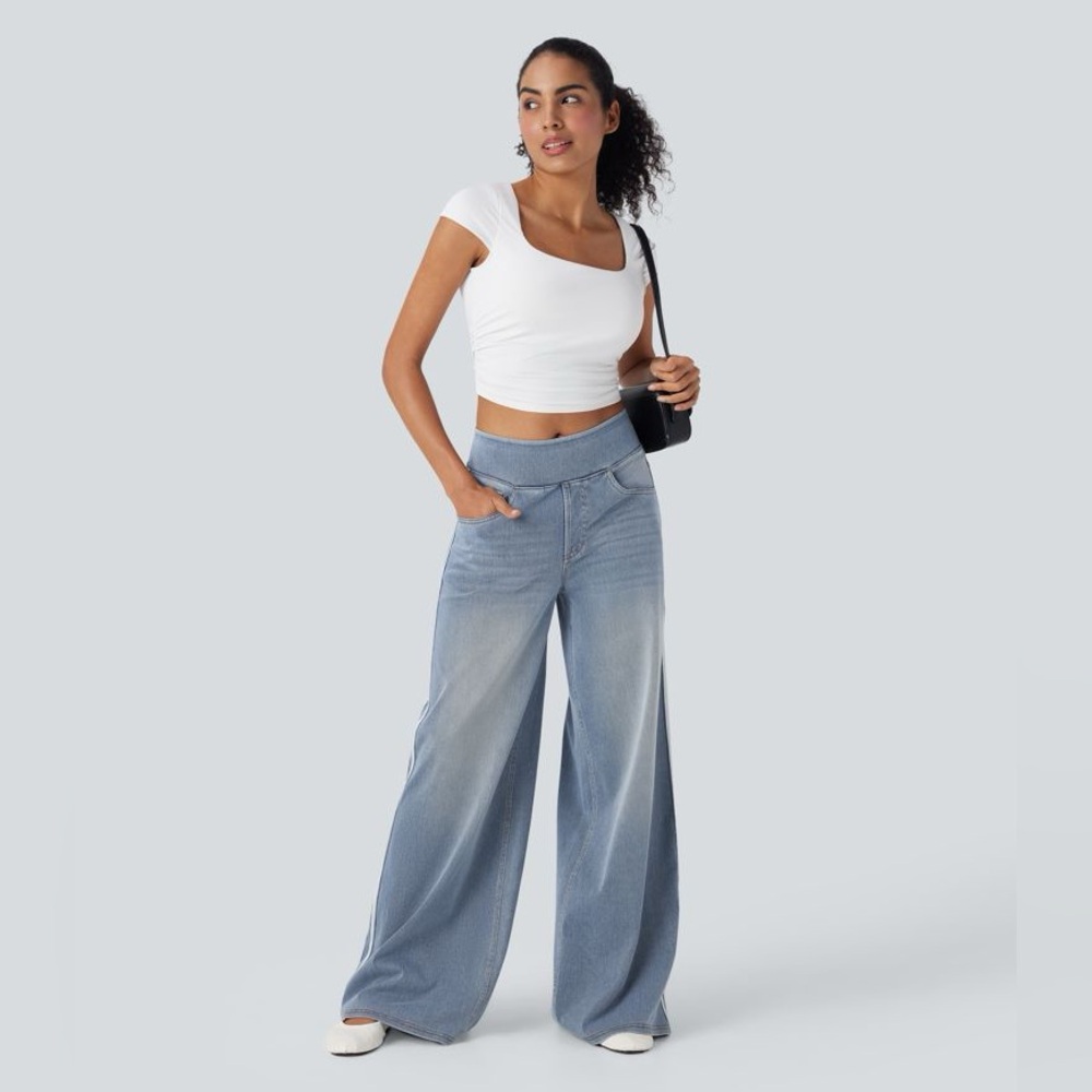 Nwt Halara Flex High‎ Waisted Stripe Wide Leg Flowy Casual Jeans small Tall